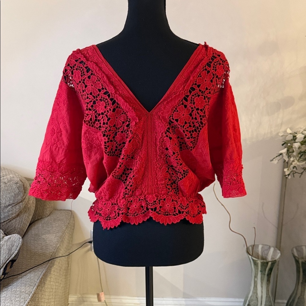 The Kooples Vibrant Red Lace Blouse size 3 - Picture 4 of 6